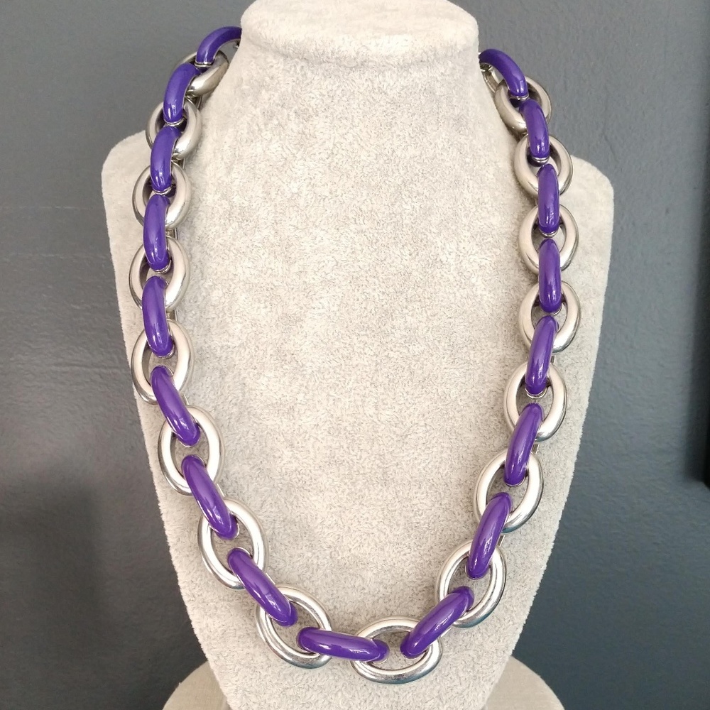 Chunky silver and purple enamel link necklace